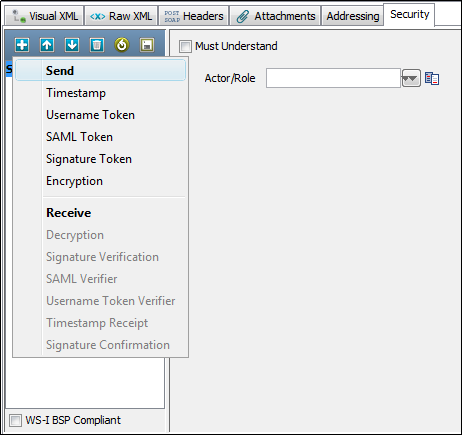 Onglet Security (Sécurité) de l'étape Web Service Execution (XML) (Exécution de service Web)