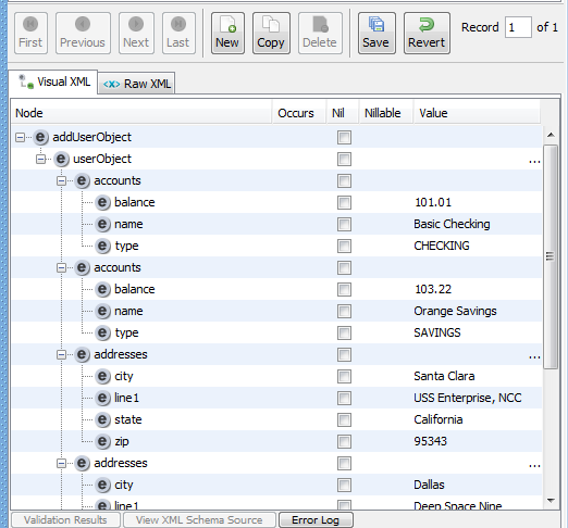 Panneau Record Editing (Modification d'enregistrement) de la fenêtre XML Data Set (Ensemble de données XML)