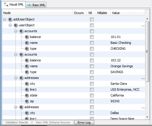 Onglet Visual XML (Code XML visuel) de la fenêtre XML Data Set (Ensemble de données XML)