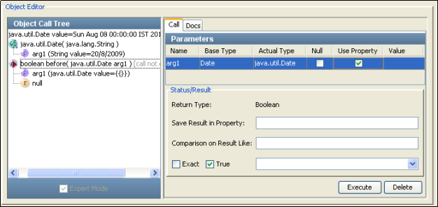 Editeur Complex Object Editor (Editeur d'objets complexes) avant l'exécution de la méthode before sur la classe Date
