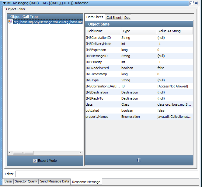 Onglet Response Message (Message de réponse) de l'étape JMS Messaging (JNDI) (Messagerie JMS (JNDI))