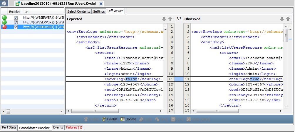 Capture d'écran de l'onglet Consolidated Baseline (Référence consolidée) pour un exemple d'exécution de test