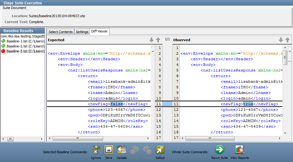 Capture d'écran du panneau Baseline Results (Résultats du scénario de test de référence) pour un exemple d'exécution de suite de tests