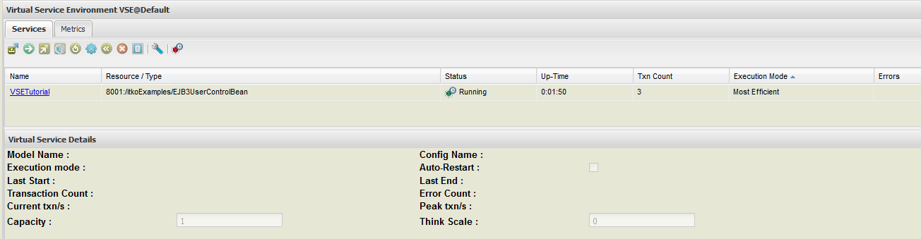 Capture d'écran de l'onglet Services de la console VSE avec le service VSETutorial affichant 3 transactions