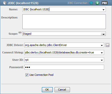 Panneau d'actifs de connexion JDBC