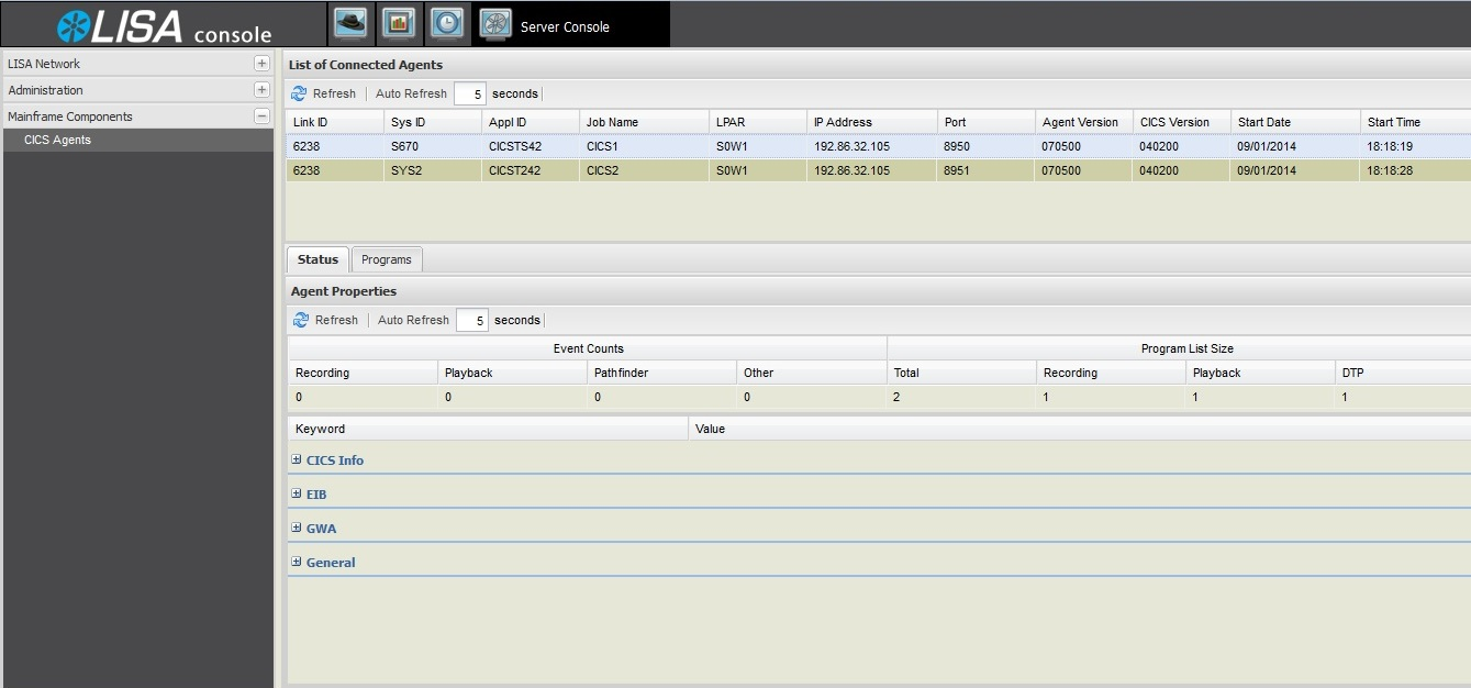 Console z/OS affichant une liste d'agents connectés et leurs propriétés