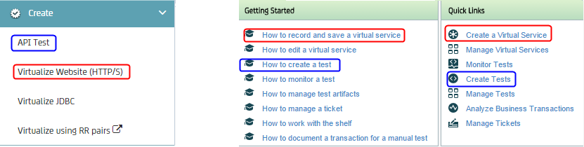 Mappe les options de création vers les liens Getting Started (Prise en main) et Quick Links (Liens rapides).