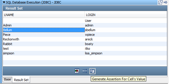 チュートリアル 9 の［JDBC 結果セット値アサーションの生成］ダイアログ ボックス