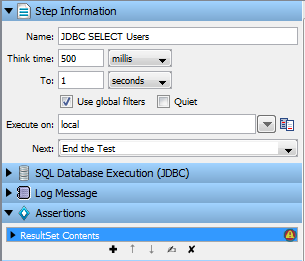チュートリアル 9 の JDBC Select Users ステップの［アサーション］タブのスクリーンショット