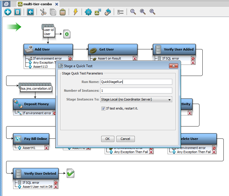 チュートリアル 10 の multi-tier-combo の［クイック テストのステージング］ダイアログ ボックスのスクリーンショット