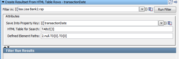 HTML テーブル行からの結果セットの作成フィルタのパラメータ