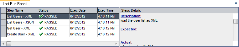 HP ALM での Test Lab による rest-example テスト ケースの実行結果