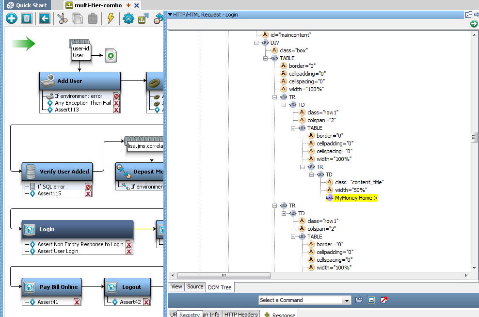 DOM ツリー ビューで LISA Bank ログイン ステップが開かれた multi-tier-combo のスクリーンショット