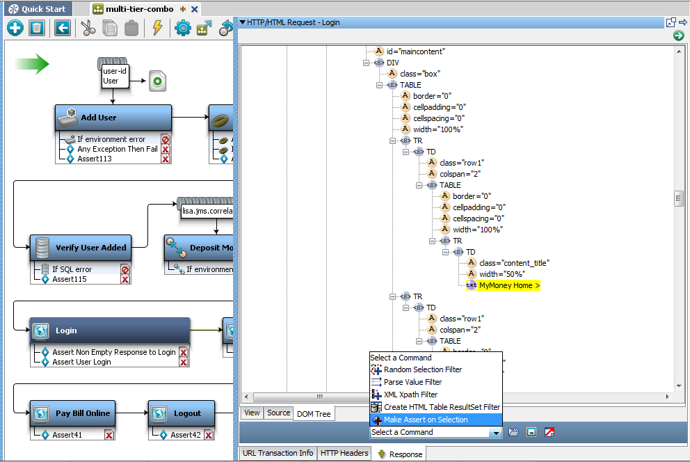 DOM ツリー ビューで LISA Bank ログイン ステップとコマンド メニューが開かれた multi-tier-combo のスクリーンショット