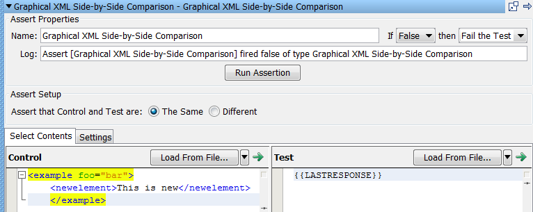 diff を実行する前の［グラフィカル XML 比較］アサーション ウィンドウ