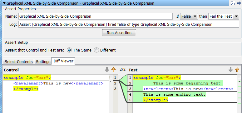 diff を実行した後の［グラフィカル XML 比較］アサーション ウィンドウ