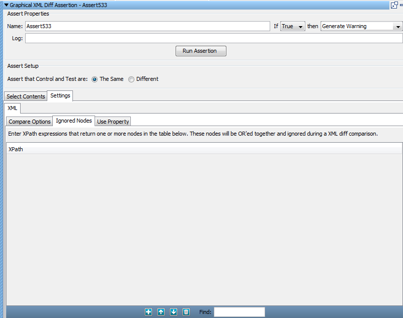 ［グラフィカル XML 比較］アサーション ウィンドウの［除外ノード］タブ