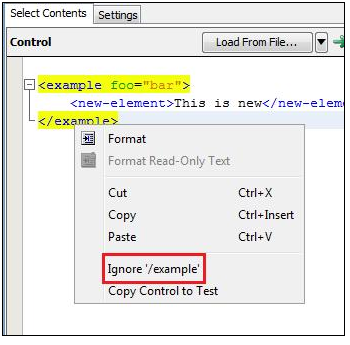 ［グラフィカル XML 比較］アサーション ウィンドウの［除外ノード］タブ、右クリックメニュー