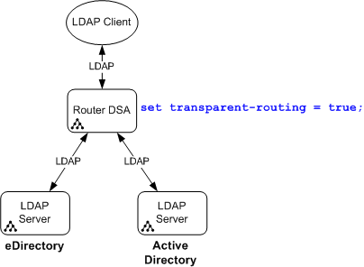 A client contacts a router DSA, which contacts two LDAP-only servers