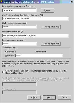 Screenshot of the Simple Configuration using LDAP Directory page in the of the Entrust cinfiguration wizard