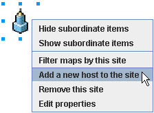 Screenshot of DXmanager, showing the "Add a new host to this site" item in a right-click menu