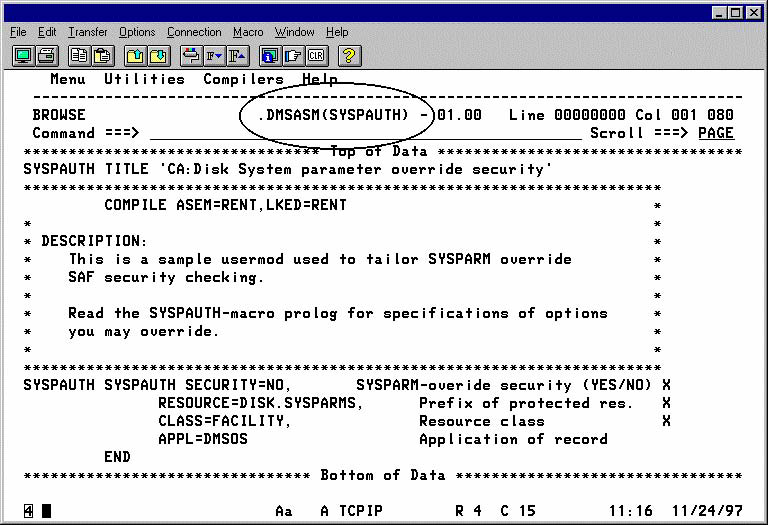 Screen shot example of a sample source for SYSPAUTH