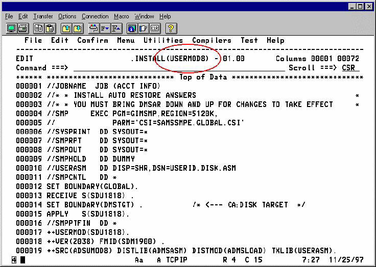 Screen shot example of the USERMOD8 JCL