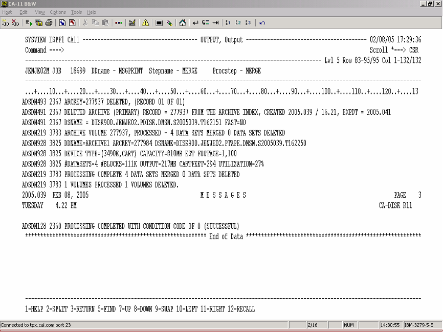 Screen shot sample of MSGPRINT from a MERGE job.