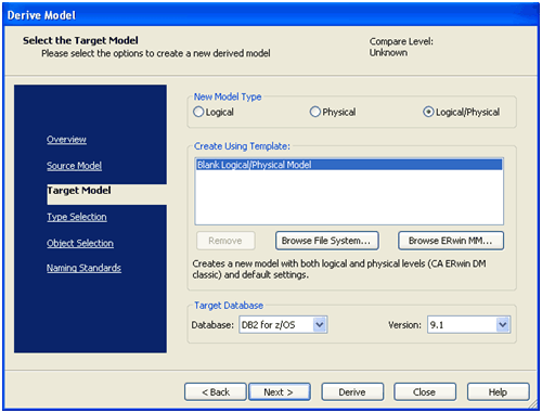 Derive Model Wizard_Target Model Pane