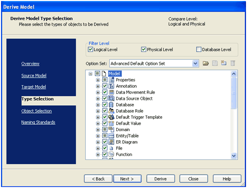 Derive Model Wizard_Type Selection Pane