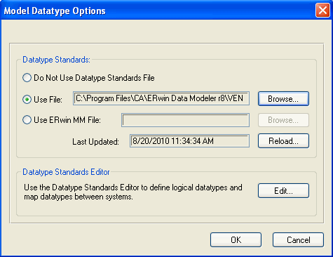 Model Datatype Options dialog