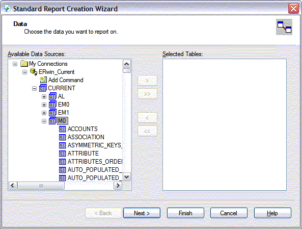 Select the data to report on in the Standard Report Creation Wizard
