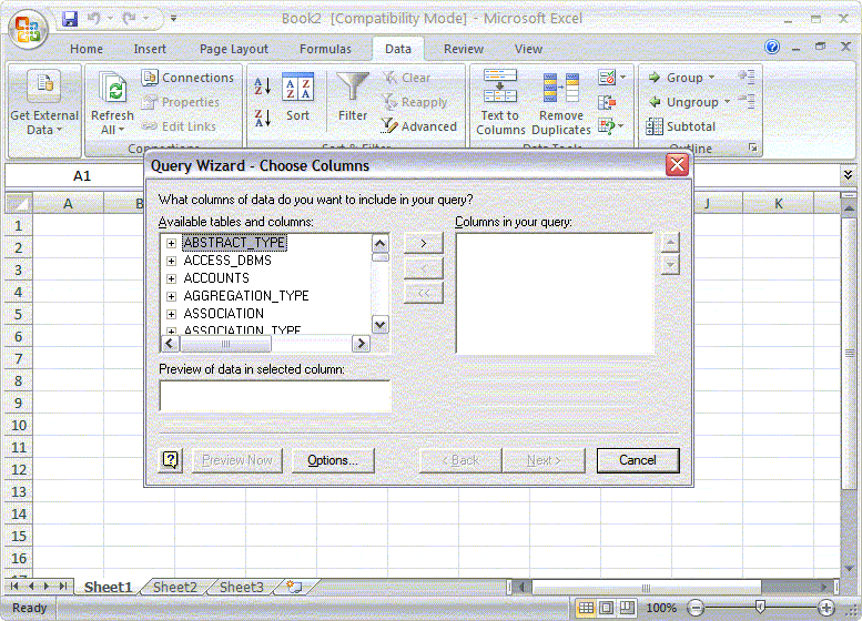 Query Wizard Choose Columns dialog in Excel