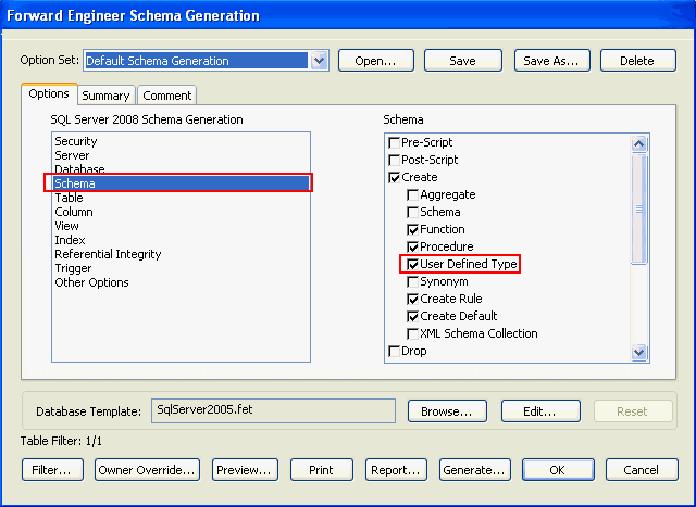 Forward Engineer Schema Generation Dialog_SQL Server Schema Option for User Defined Data Type