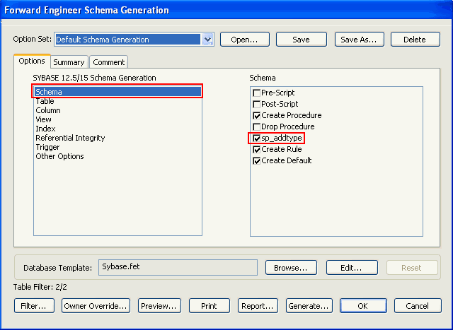 Forward Engineer Schema Generation Dialog_Sybase Schema Option for User Defined Data Type