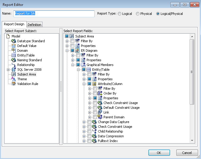 Illustrating criteria for a diagram report