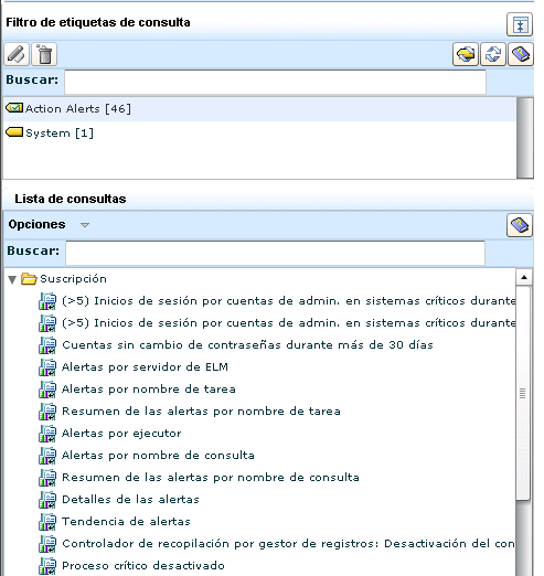 Revise la lista de consultas etiquetadas como alertas de acción.