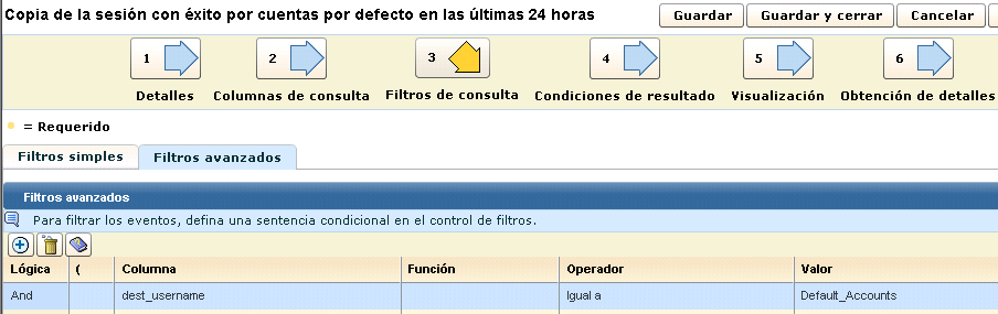 Visualización de los filtros avanzados en la definición de consulta