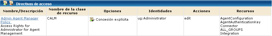 La política de gestión de agentes de administración permite a los administradores llevar a cabo acciones de edición en los recursos Agent Configuration, Agent Registration Key, Connector, ALL_GROUPS e Integration.