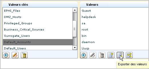 Sélectionnez la liste à clés Default_Accounts, puis cliquez sur Exporter des valeurs.