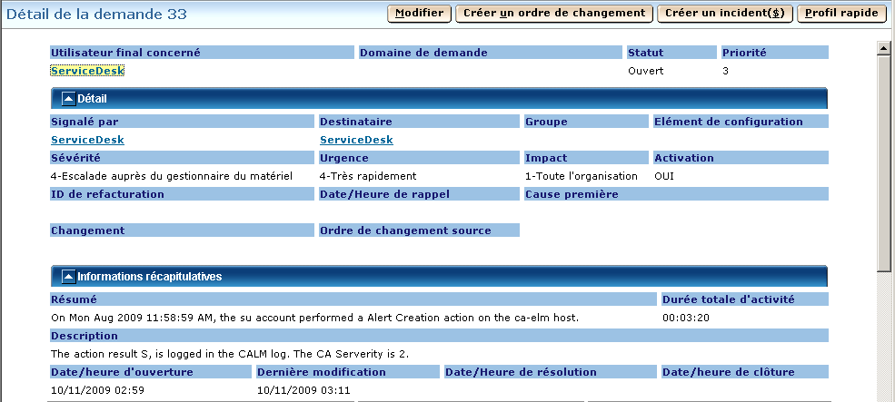 Service Desk affiche un récapitulatif et une description, avec les données correspondant aux variables que vous avez entrées.