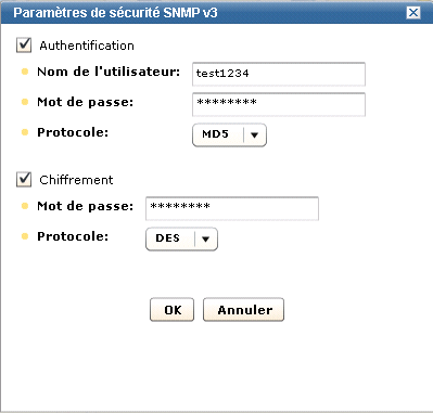 Entrez la configuration des paramètres de sécurité SNMP v3.