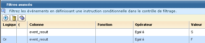 Cliquez sur Ajouter, sélectionnez la colonne event_result, choisissez Egal à comme opérateur et sélectionnez S comme valeur (Réussite). Saisissez Ou comme opérateur logique et répétez la procédure, excepté pour la Valeur, où vous saisirez F (Echec).