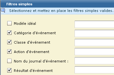 Les filtres simples incluent les valeurs de catégorie, de classe, d'action et de résultat d'événement.