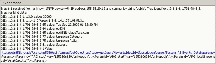Cette capture d'écran illustre le format d'une interruption reçue par CA Spectrum, en provenance d'une alerte CA Enterprise Log Manager.