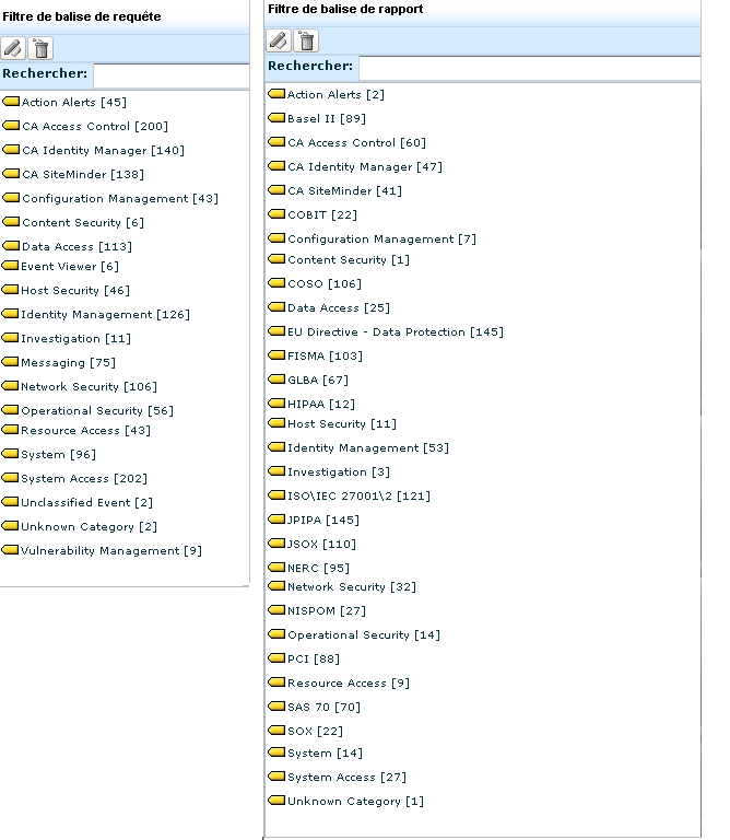 Vue juxtaposée de la liste des balises de rapports et de la liste des balises de requêtes