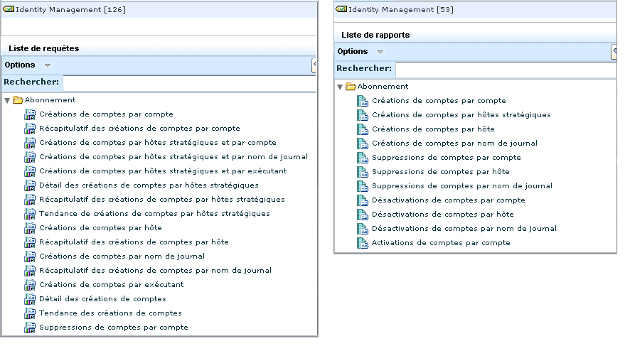 Vue juxtaposée de la liste des rapports et de la liste des requêtes