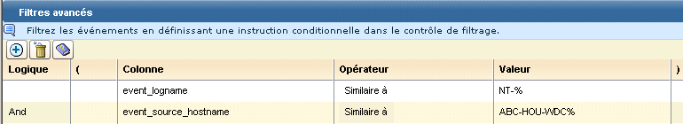 Cet exemple de filtre avancé inclut deux comparaisons qui doivent toutes deux être estimées vraies (true).