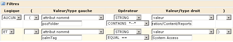 Le filtre restreint l'accès aux seuls rapports possédant la balise Accès au système.