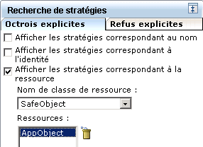 Une recherche basée sur la ressource renvoie toutes les stratégies dans lesquelles la ressource sélectionnée apparaît dans la colonne des ressources.